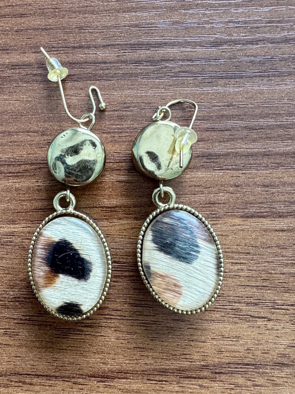 Gold plated animal print drop earrings